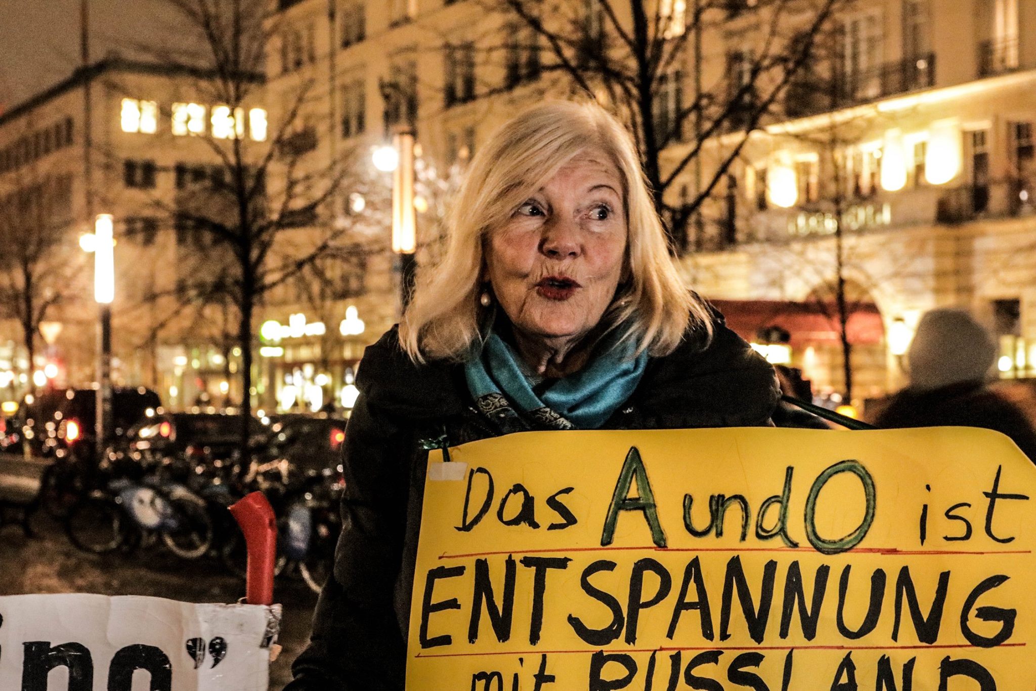 Old german lady on a strike with her poster